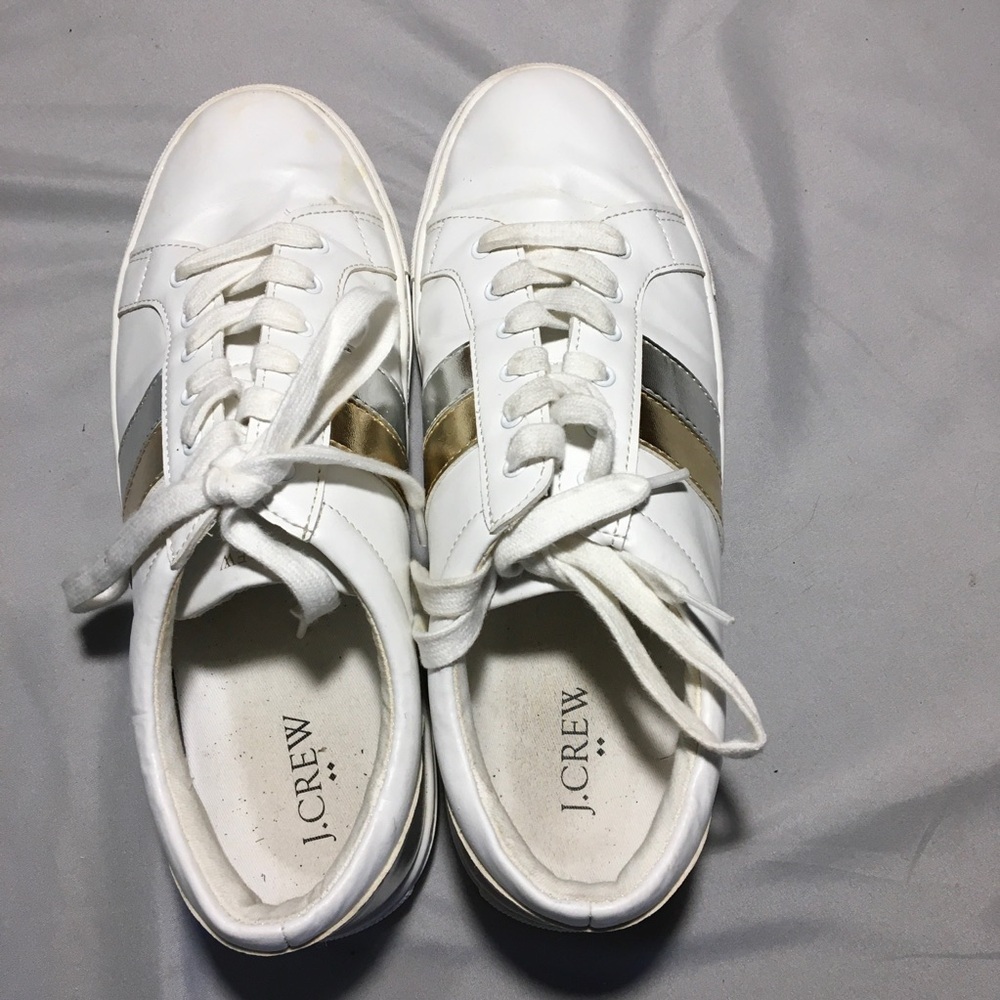 J Crew womens sneakers white w/ silver and gold stripes Size 9.5 - Picture 5 of 8